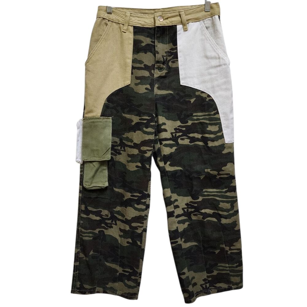 Xpluswear Pants Womens 30x26 Green Camouflage Colorblock Wide Leg Cargo Stretch